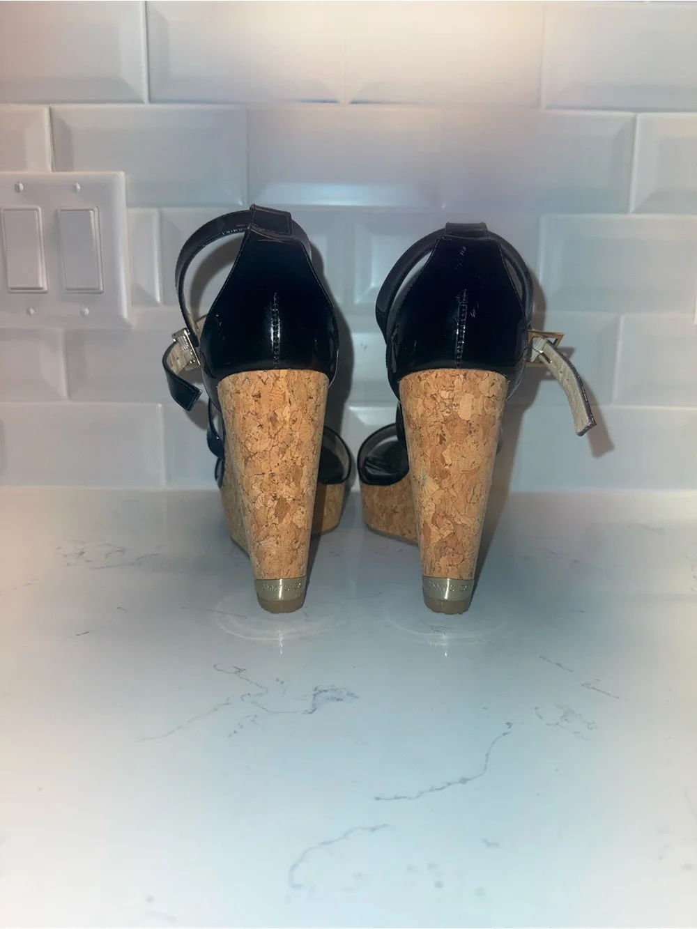 Jimmy Choo Black Patent Cork Wedge Sandals - Women